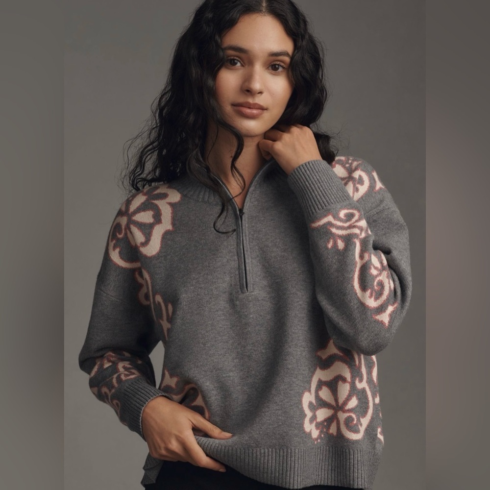 NWT! Anthropologie Maeve The Montana Mock-Neck Half-Zip Sweater Grey Floral 💚🏈